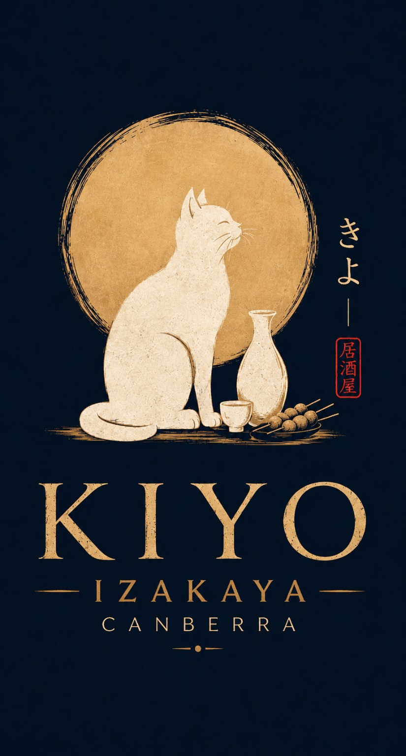 Kiyo Izakaya artwork: a white cat beneath a golden moon, with sake and yakitori.
